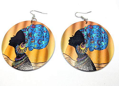 Woman with blue traditional head scarf round wooden African earrings