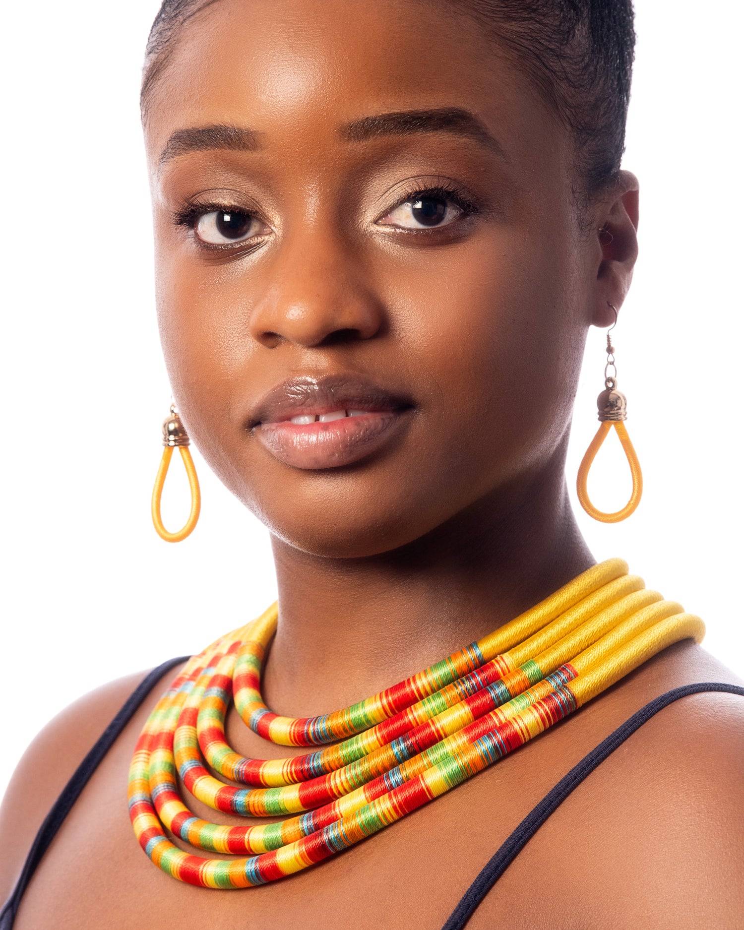 Yellow Statement African Tribal Rope Choker Necklace and Matching Earrings Set 